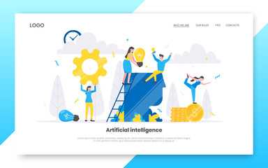 Fototapeta na wymiar Business internet landing page concept template. Creative business people with tiny characters working together with big head and light bulb. Teamwork and time management concept vector illustration.