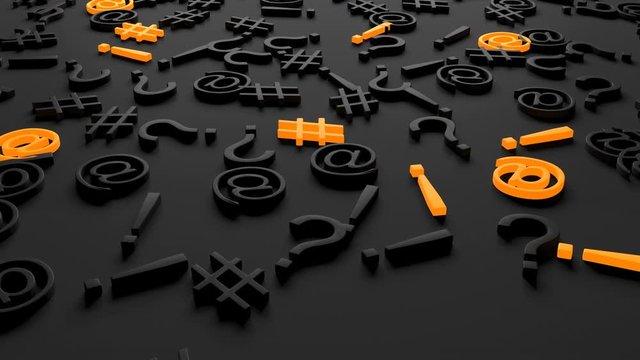 Punctuation marks as a background. Contrasting symbols highlighted in orange. On a dark background question mark, exclamation mark, e-mail, hashtag. The animation is looped.