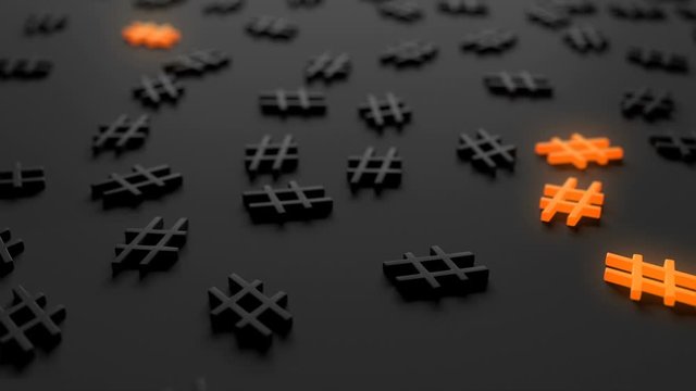 Punctuation marks as a background. Contrasting symbols highlighted in orange. On a dark background question mark, exclamation mark, e-mail, hashtag. The animation is looped.