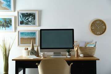 Modern computer and office supplies on wooden table, space for text. Designer's workplace