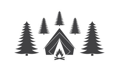 Obraz premium Tent with campfire in the forest. Camp icon. Vector illustration.