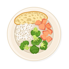 Rice With Salmon Slices and Broccoli Served on Plate