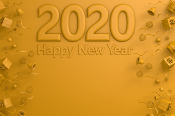 3d rendering of  christmas and new Year concept. Banner with 2020 Numbers and Happy New Year letters on yellow Background. Happy New Year card design Festive poster or banner design