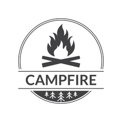 Campfire logo or badge. Fire or bonfire symbol. Camp, outdoor adventure design concept. Vector illustration.Печать