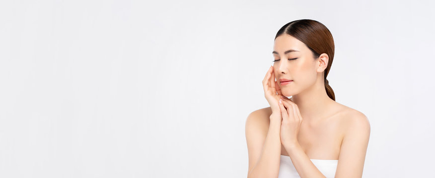 Beauty Shot Of Bright Skin Asian Woman On White Banner Background