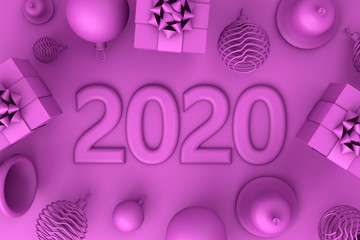 3d rendering of  christmas and new Year concept. Banner with 2020 Numbers on purple Background. Happy New Year card design Festive poster or banner design