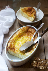 Banitsa, a traditional Bulgarian or Balkan filo pastry pie stuffed with feta cheese, sour milk and eggs. Rustic style.