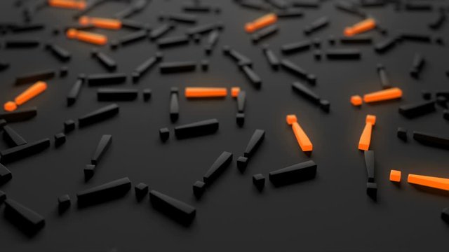 Punctuation marks as a background. Contrasting symbols highlighted in orange. On a dark background question mark, exclamation mark, e-mail, hashtag. The animation is looped.
