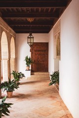 Door at the end of hallway with plants