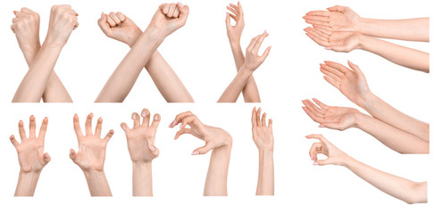 Multiple images set female caucasian hands isolated white background showing different gestures....