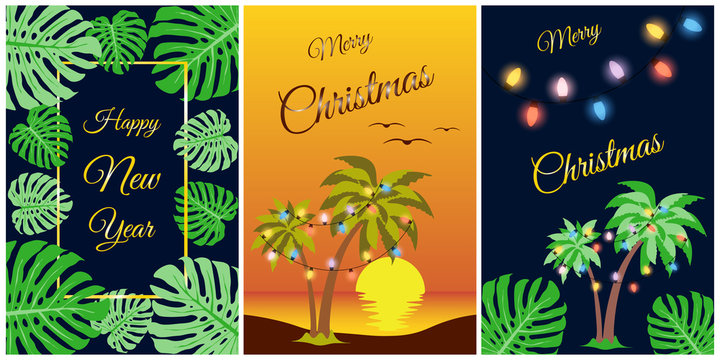 Tropical Christmas palm tree and foliage. Set of greeting cards with a summer beach and tropical leaves. Holiday weekend in a warm climate. Flat vector image for a flyer invitation to a beach party.