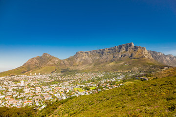 Wide angle view of Table Mountain from Signal Hill in Cape Town