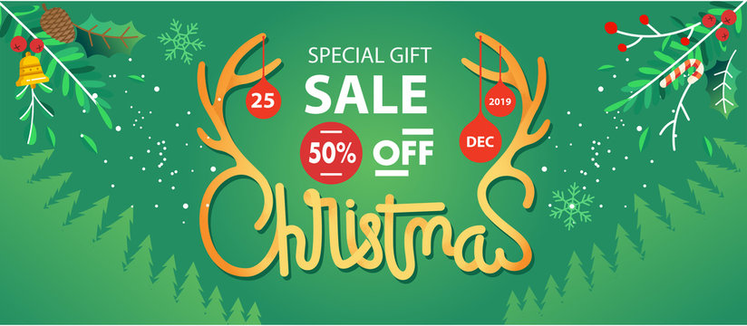 christmas sale lettering illustration with missletoe and pine tree as background