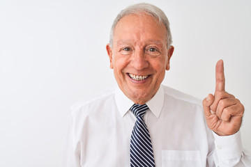 Senior grey-haired businessman wearing tie standing over isolated white background surprised with an idea or question pointing finger with happy face, number one