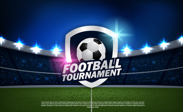 football soccer tournament with logo emblem and stadium spotlight background template
