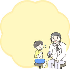 医者　子ども　枠　病院　内診　聴診器　診察　健康診断　男の子　お腹　内科　可愛い　コミカル　線画