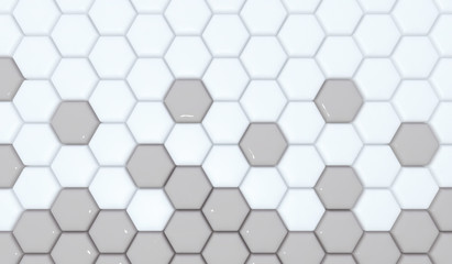 Abstract hexagon background. White and gray hexagons arranged randomly. 3D rendering.