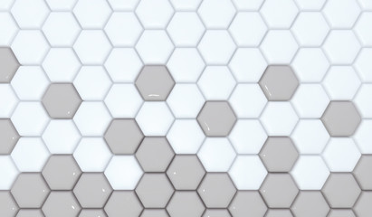 Abstract hexagon background. White and gray hexagons arranged randomly. 3D rendering.