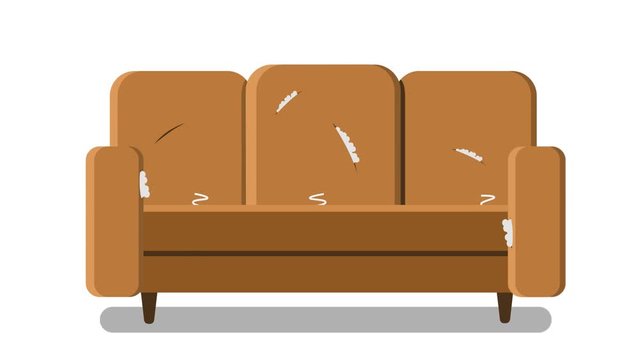 Before and after, old and new damaged large brown sofa.