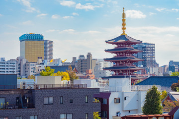 Tokyo. Japan. Roofs of buildings. Roof of the temple of Asakusa. Panorama of Tokyo. Horizon Japan against the blue sky. Japanese city landscape. Tokyo aerial view. Architecture of Japan island.