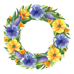 Fototapeta premium Romantic summer wreath with wild flowers. Watercolor illustration with floral elements for wedding card, invitation, print.