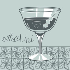 Glass of martini with olives on a skewer inside , monochrome illustration in gray tones on isolated background with the inscription and ornament