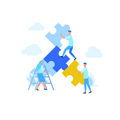 Flat illustration find idea brainstorming puzzle with mini people team work together