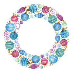 Christmas watercolor round frame with colored balls, hearts and snow on the white background. Ideal for greeting card, invitation, banner and poster.