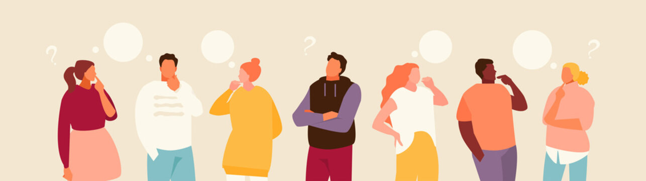 Group of cartoon thoughtful people. Problem solving and choice. Vector modern illustration.