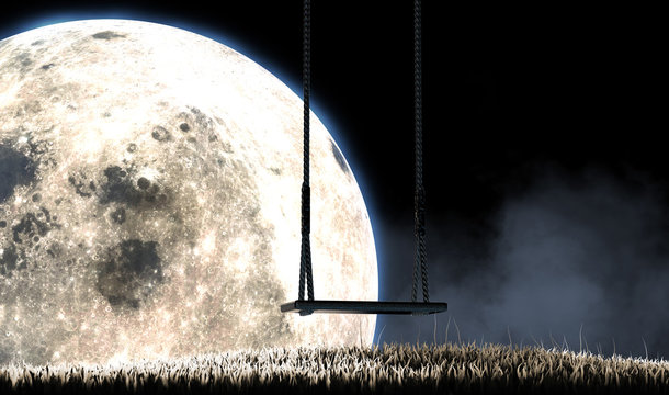 Empty Childrens Swing And Moon Silhouette