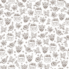 Vector seamless coffee pattern with coffee beans and leaves, sack of coffee seeds, cofe equipment. Hand draw cafe seamless pattern with light texture on white background