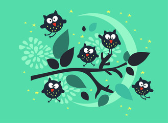 Cartoons owls are sitting on a tree branch, vector illustration