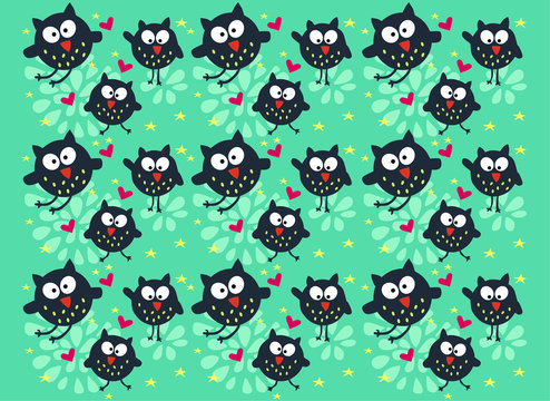 pattern with cartoon owls on a blue background