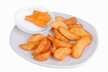 Cheezy Wedges | Baked Potatoes with Cheese on white  background