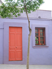 The red door and tree in the background of the purple house