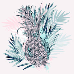 Fashion vector tropical illustration with pineapple and palm leaves