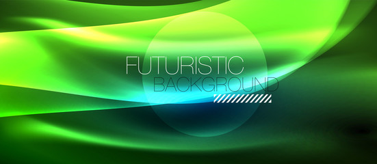 Glowing abstract wave on dark, shiny motion, magic space light. Techno abstract background