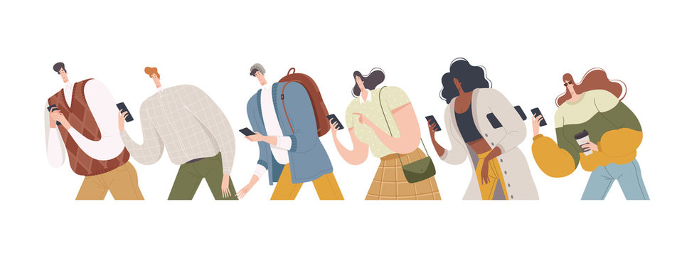 People go with phones in their hands. Vector illustration.