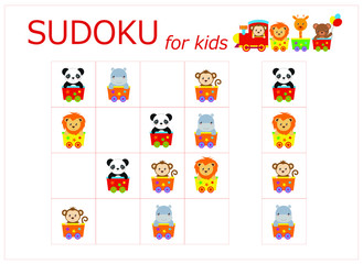 Sudoku for kids. Sudoku. Children's puzzles. Educational game for children. circus animals go by train (monkey, lion, giraffe, panda, hippopotamus, bear)