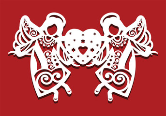 White Christmas flying two Angels on red background. Angels keep the heart in their hands. Silhouette of Angel may use for card, laser. cutting, plotter cutting.