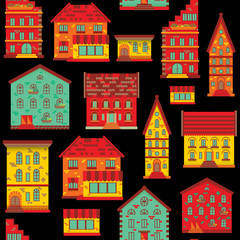 Fototapeta na wymiar Seamless pattern with vintage houses, doodle house vector background, cute colorful houses in flat style, EPS 10
