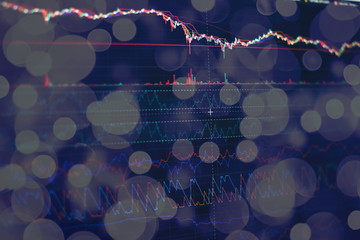 Technical price graph and indicator, red and green candlestick chart on blue theme screen, market...
