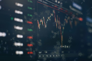 Technical price graph and indicator, red and green candlestick chart on blue theme screen, market...