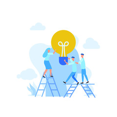 Flat illustration find idea brainstorming head and bulb with mini people team work together