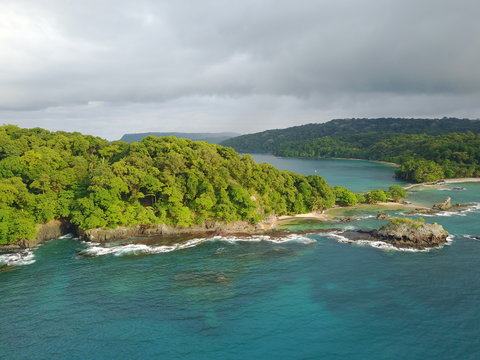 Aerial view Bom Bom Island and coast, Sao Tome