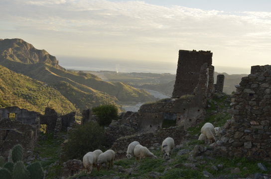old abandoned castle trekking in the edge of Amendolea Bova national park Aspromonte
