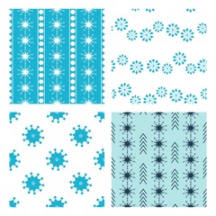 Beautiful snowflake vector seamless pattern collection. Blue pattern elements on white or light blue background. 