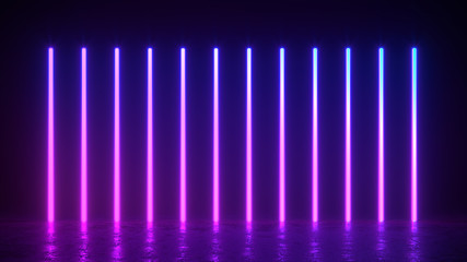 3d render illustration of glowing vertical lines, neon lights, abstract vintage retro background, ultraviolet, spectrum vibrant colors, laser show