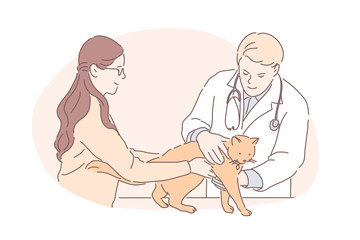 Pet hospital, vet clinic, animal treatment concept. Male veterinarian with stethoscope checking cat health, woman bring kitten to feline doctor, professional medical service. Simple flat vector