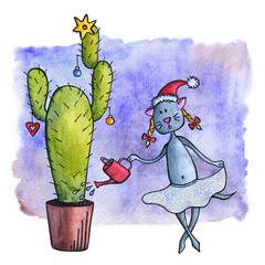 Hand Drawn Funny Cat Watering Christmas Tree Cactus on Blue Background
